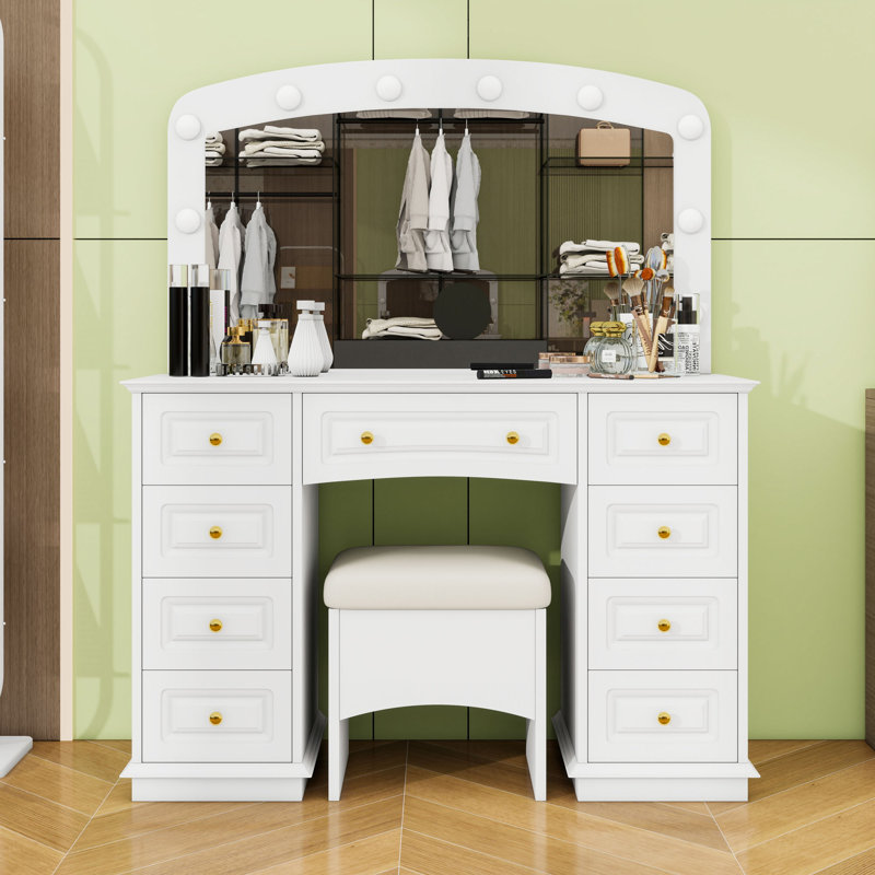 Luxurious Makeup Vanity with Hollywood Lights, 3 Color Modes, Cushioned Stool & 9 Drawers