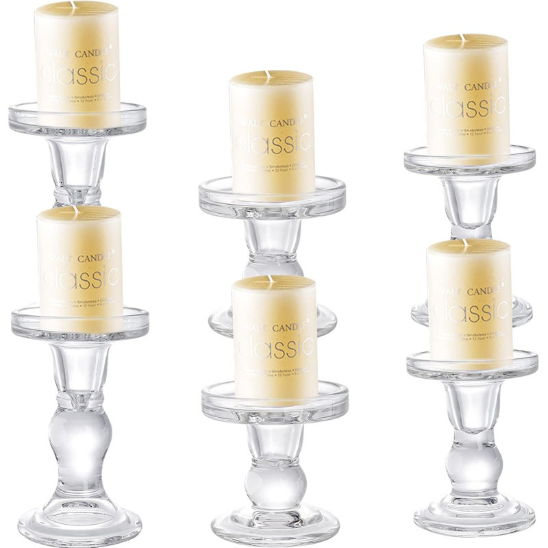 Set of 6 Clear Glass Candle Holders – 3 Sizes, Thick Hand-Blown Glass, for Taper, Pillar & Tea Lights, Wedding & Table Centerpiece Decor