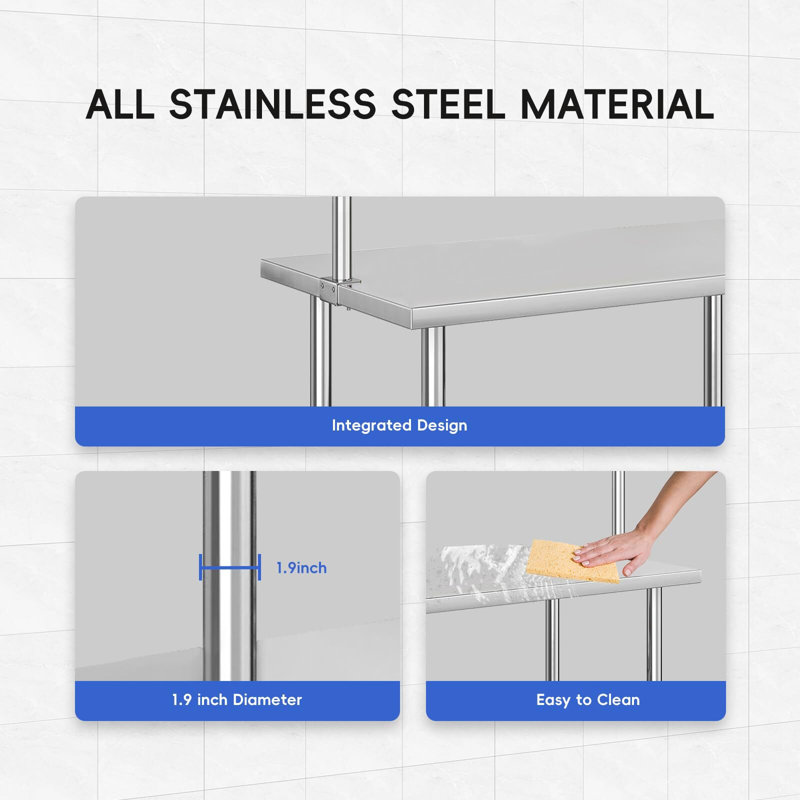 Heavy Duty Stainless Steel Prep Table with Adjustable Overshelf