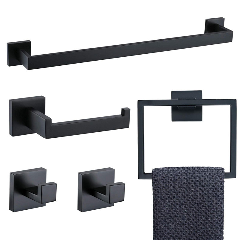 5 Piece Wall Mounted Bathroom Hardware Set Towel Bar Set, Matte Black