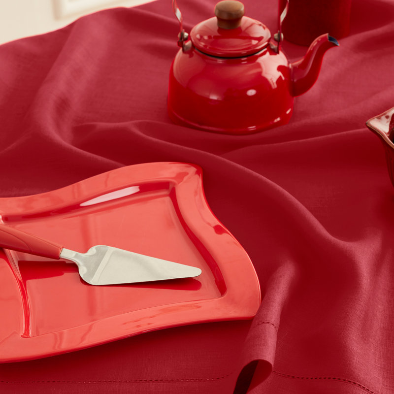 100% Pure Linen Hemstitch Tablecloth- Classic Hemstitch, Red, 156" x 60"