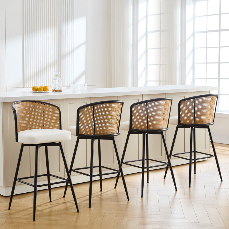 Cane Back Swivel Upholstered Counter & Bar Stool, Bar Stool (29” Seat Height), Cream