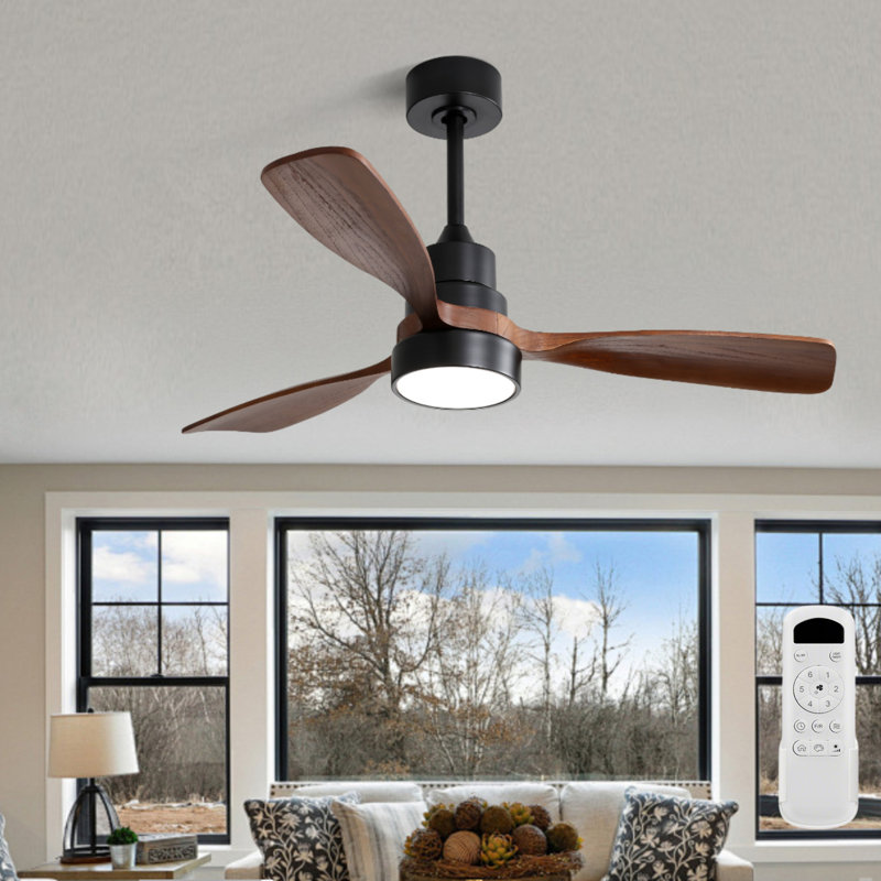 48 Inch Solid Wood Ceiling Fan, 3 Blades Reversible DC Motor with Remote Control for Living Room