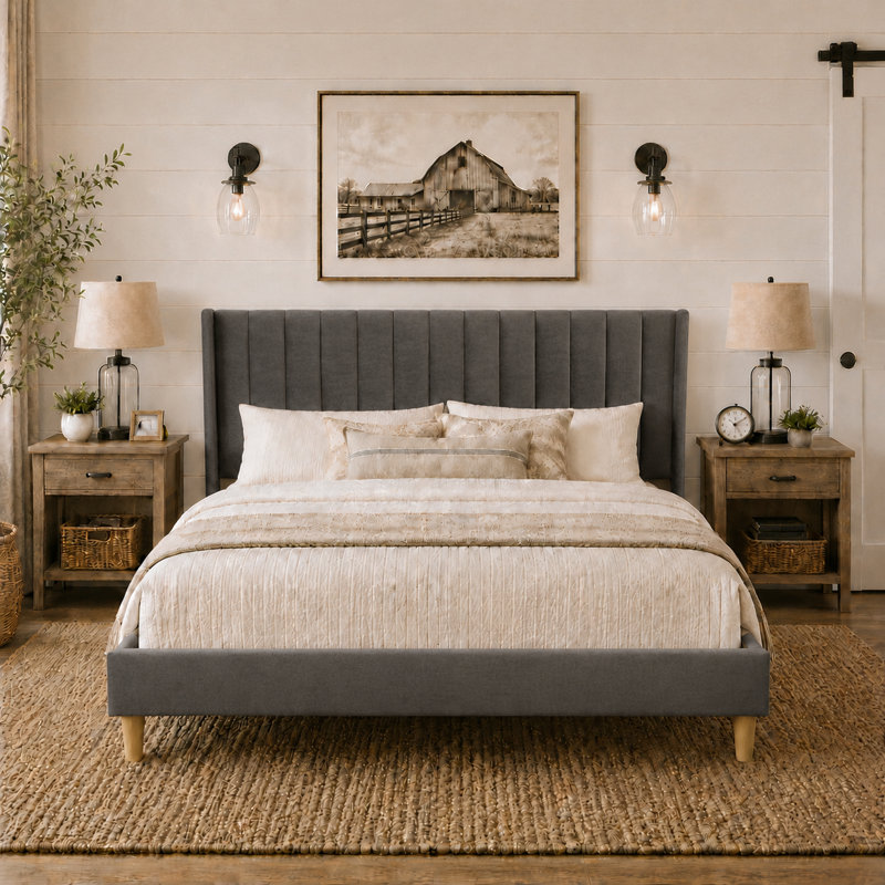 Lit plateforme tapissier avec tête de lit à oreilles Eriksay, Velours gris foncé, Très grand