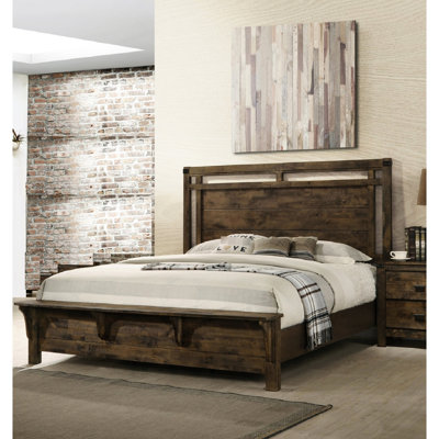 Grand lit rustique avec banc de chambre à coucher encastré en bois massif brun