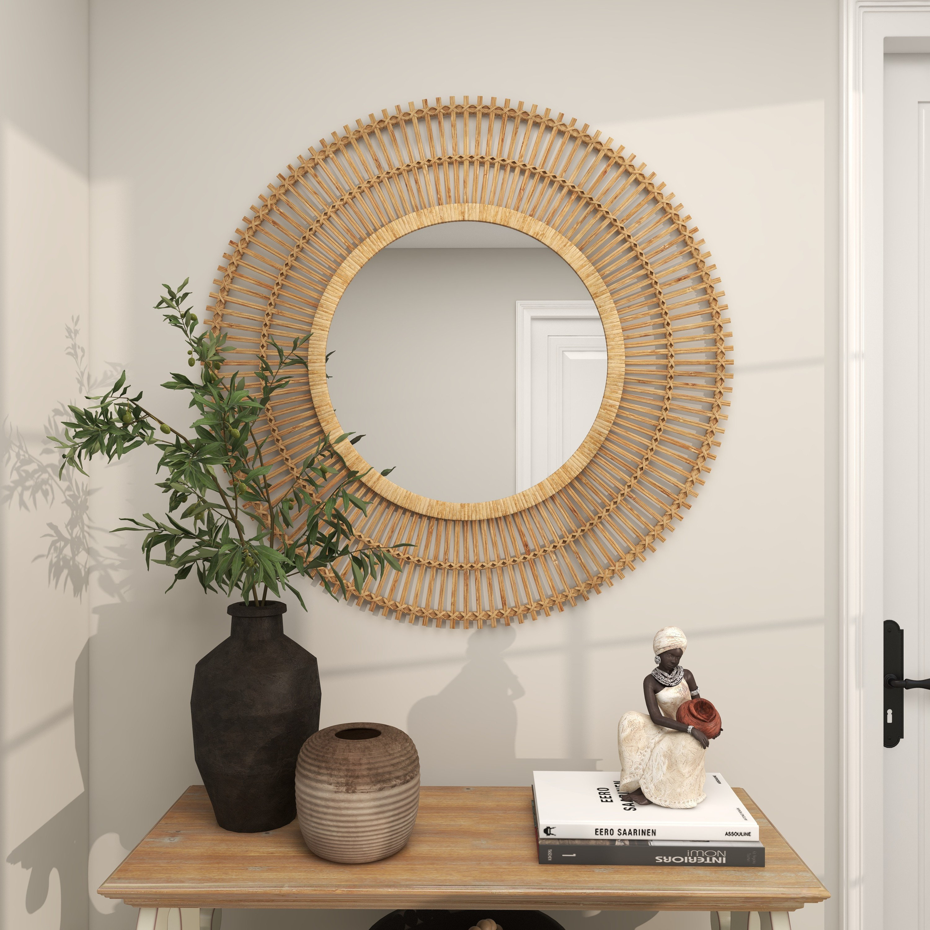 Sand & Stable Round Bamboo Wood Handmade Wrapped Starburst Room Wall Mirror & Reviews | Wayfair