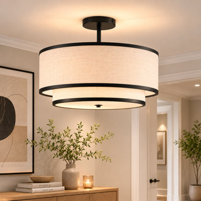 3-Light Modern Linen Drum Semi Flush Mount Ceiling Light, Low Profile Fabric Shade Close to Ceiling Fixture for Bedroom Entryway
