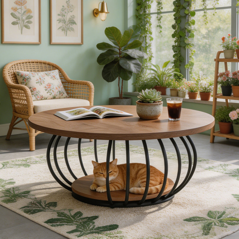 39.5" Round Coffee Table, 2-Tier Accent Centre Cocktail Table with Storage Shelf