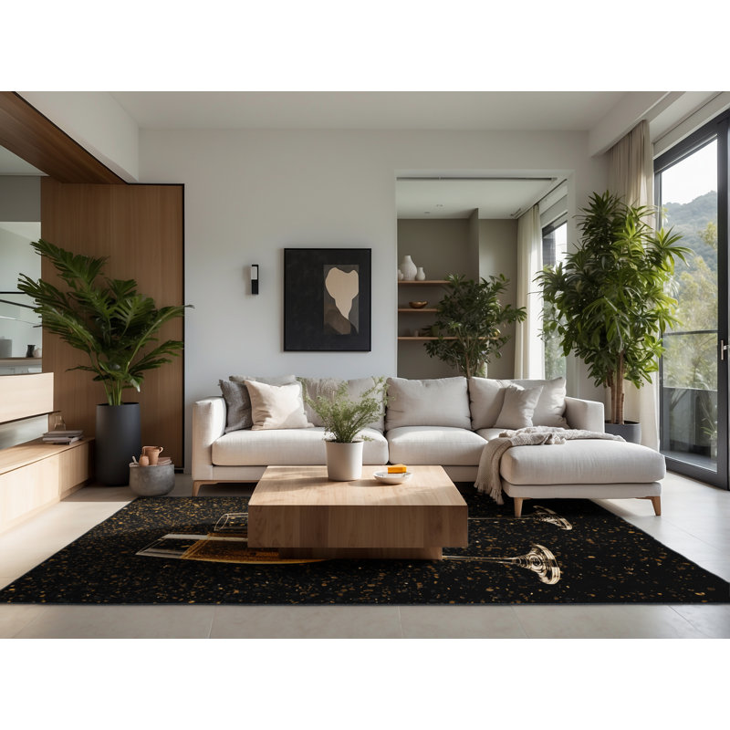 Soft Plush Feinberg New Years Modern & Contemporary Abstract Area Rug in Black – Black Binding, 4x6