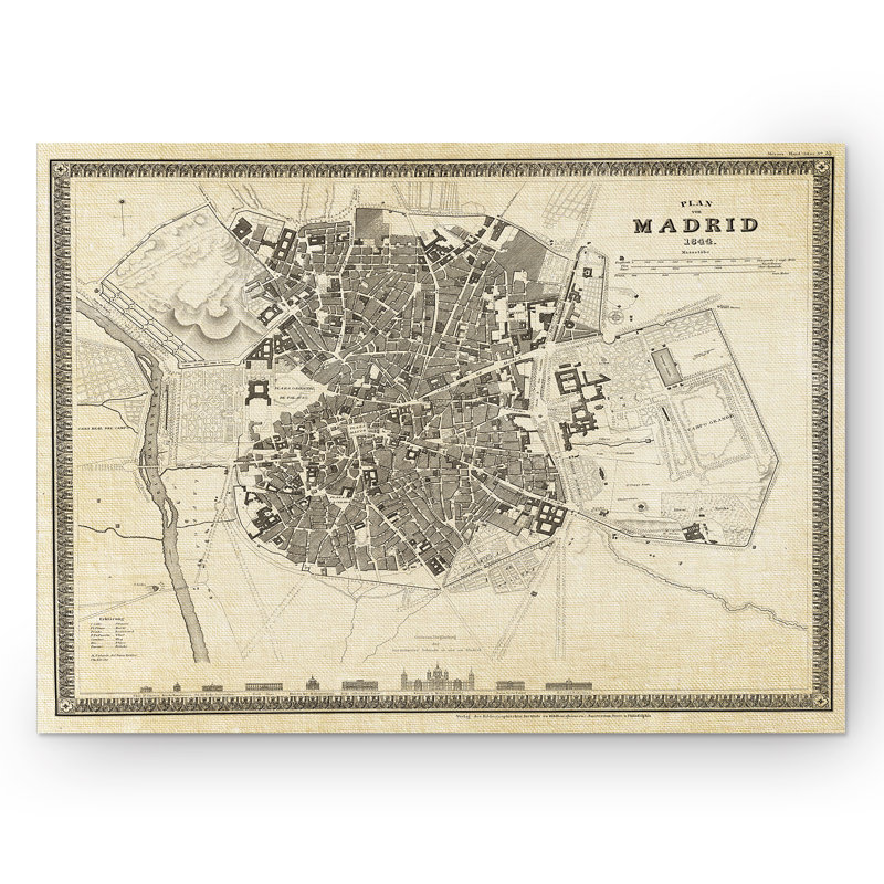 « rétro madrid map ii », reproduction d’impression sur toile tendue, H 36 po x l 48 po x P 1,5 po
