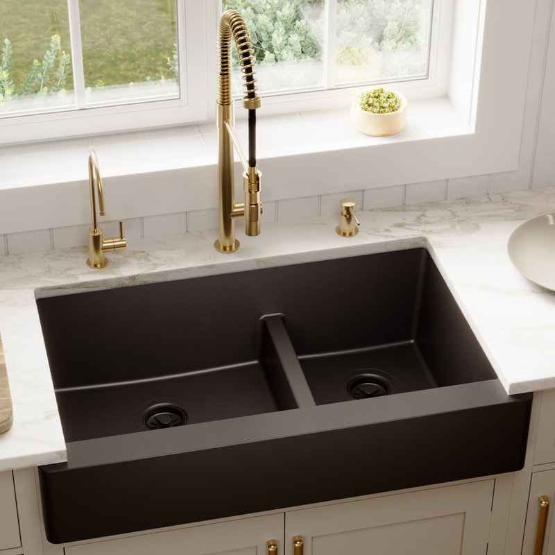 Karran Retrofit Farmhouse/Apron-Front Quartz Composite 34'' X 21-1/4'' 60/40 Double Bowl Kitchen Sink, Matte Black