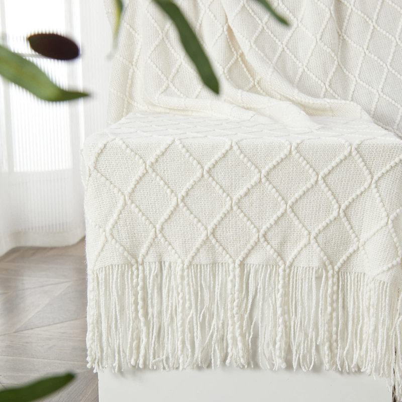 Knitted Blanket with Tassel Trim, Off White