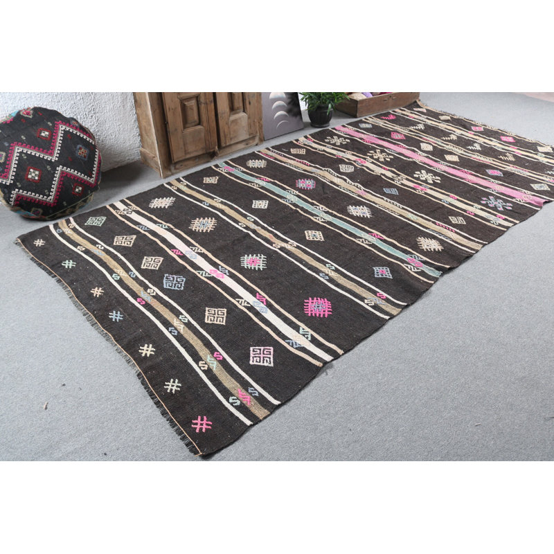 Grand kilim turc tissé à la main avec des motifs vintage rétro parfaits pour décorer un salon bohémien