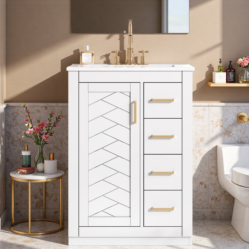 Meuble-lavabo avec lavabo en céramique, 1 armoire et 3 tiroirs, Blanc