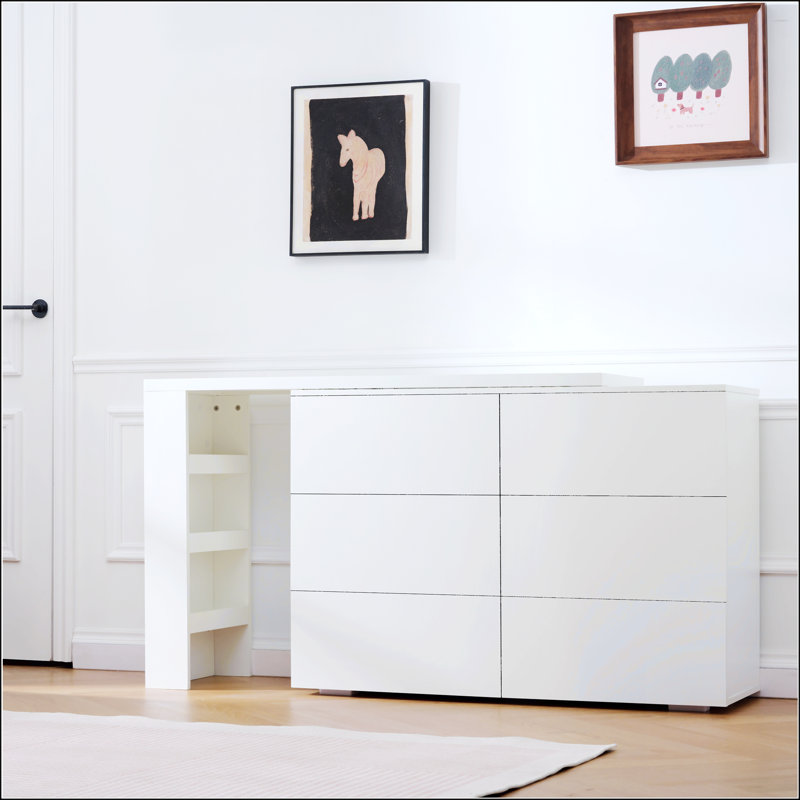 Commode 6 tiroirs en L avec commode extensible, bureau large et rangement profond pour chambre à coucher et vestiaire