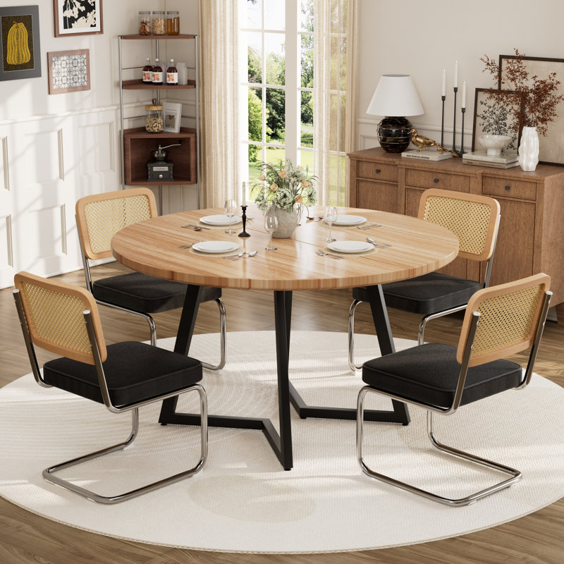 Ensemble de table de salle à manger 47,24 "avec pieds en métal et chaises en lin, Bois naturel, 5, Noir