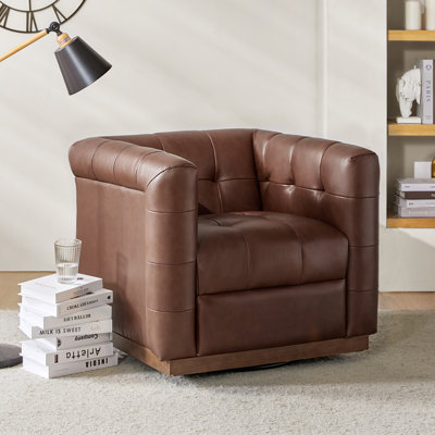 Sonika Genuine Leather Square Swivel Barrel Club Chair with Solid Wood Frame
