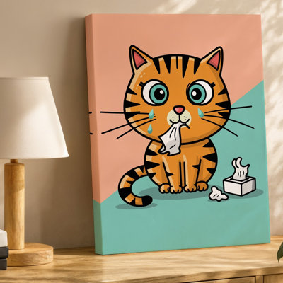 Toile, création d'une illustration fantaisiste d'un chat tigré orange avec art mural Grands yeux expressifs assis sur un fond coloré