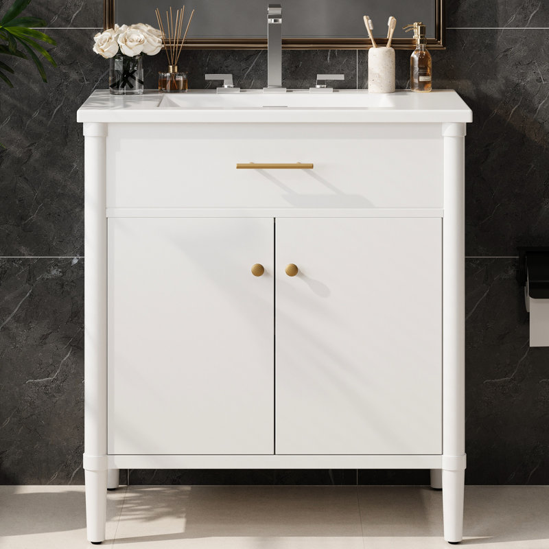 Meuble-lavabo blanc 31 po avec lavabo, fonction de fermeture en douceur, tablette réglable, conception incurvée, pieds en bois d'hévéa, poignées en or mat, pour finition de salle de bain compacte, profil intégré, cadre de pied, quincaillerie,