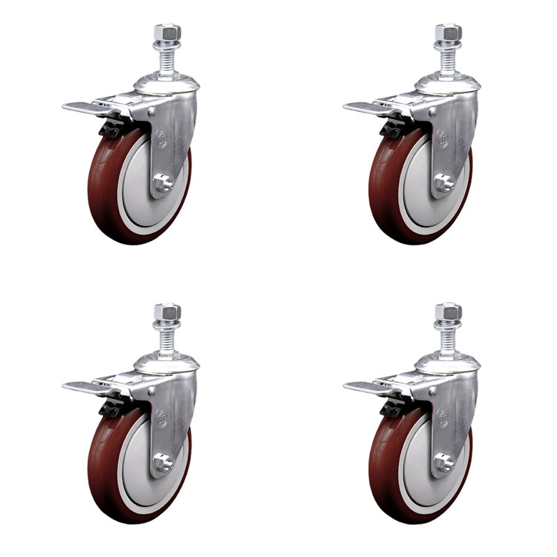 Ensemble de roulettes à tige pivotante en polyuréthane de 5 po ½ po avec frein à verrouillage total, Marron