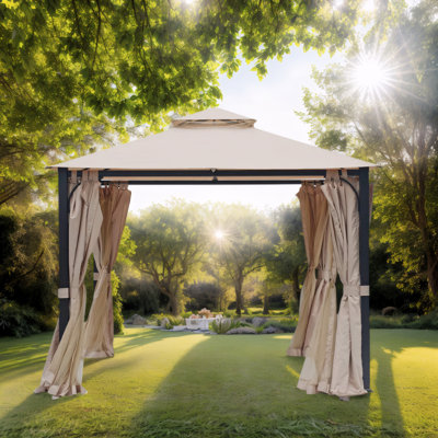 Heavy Duty 10x10 FT Metal Gazebo with Mosquito Net & Sunshade Curtains, Double Roof Canopy for Patio, Backyard, Garden - Galvanized Steel Design
