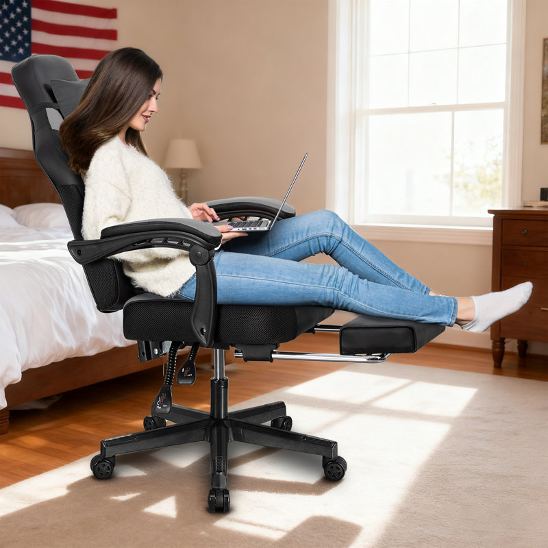 Fauteuil de jeu inclinable et réglable, fauteuil de course et d'ordinateur pivotant en similicuir ergonomique avec repose-pieds et support lombaire