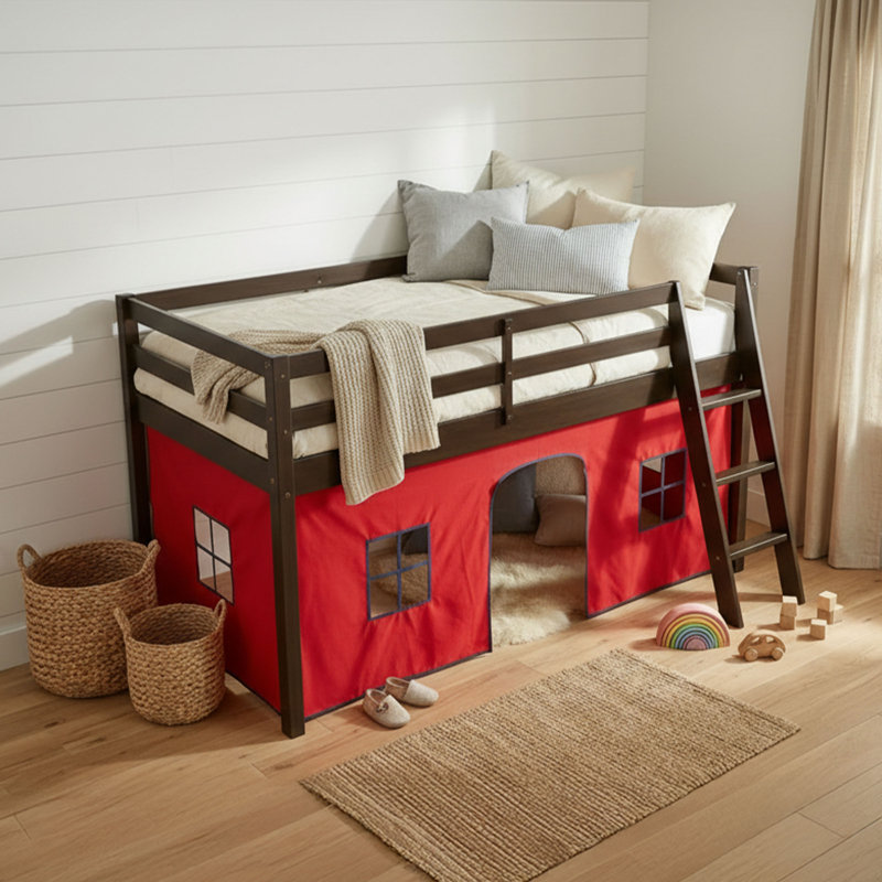 Roxy Twin Wood Junior Loft Bed - Espresso Frame with Red and Blue Bottom Tent, Espresso, Red