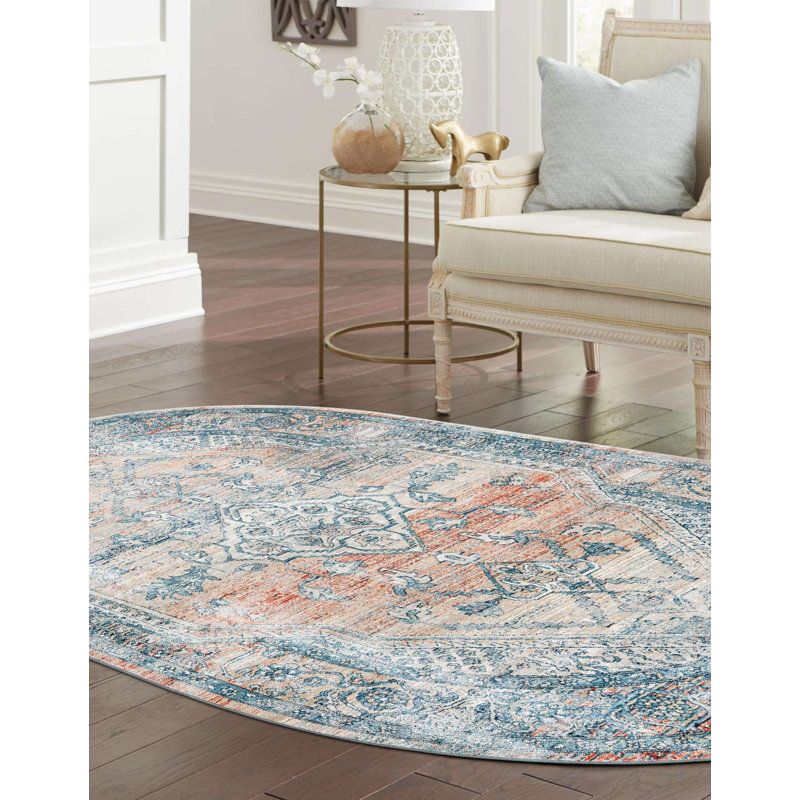 Tapis oriental rouge / bleu Alabama, Ovale 5 pi 3 po x 8 pi