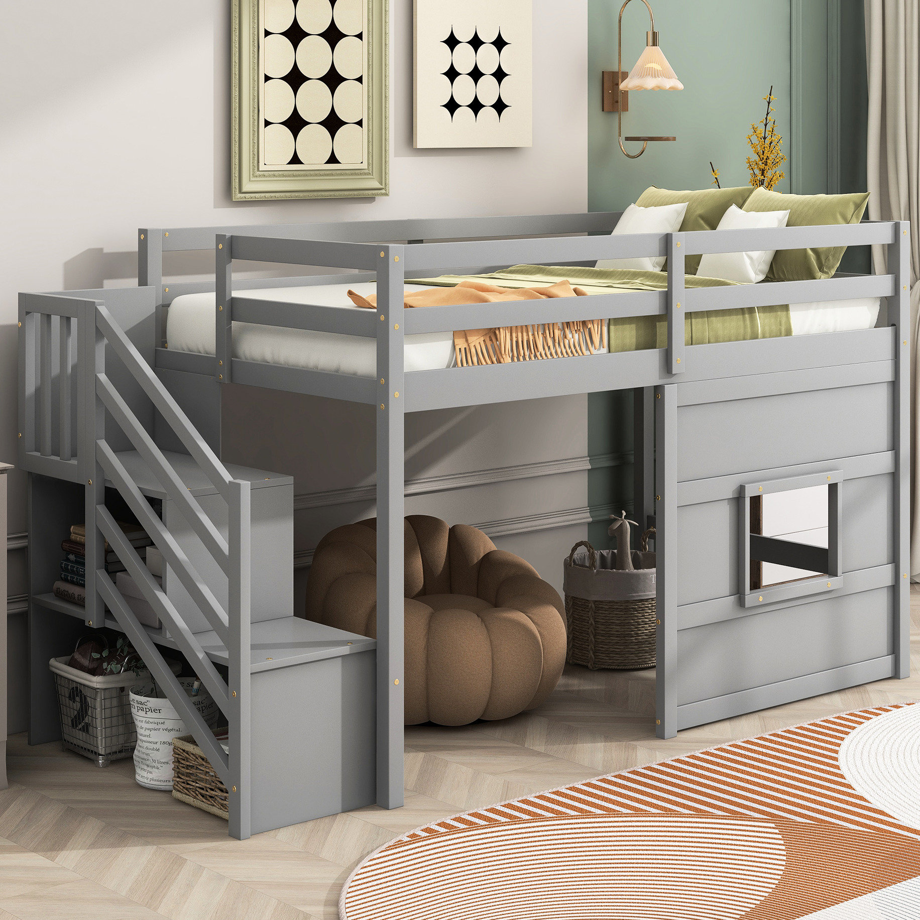 Ebern Designs Grey Twin Size Loft Bed With Spacious Storage Staircase ...