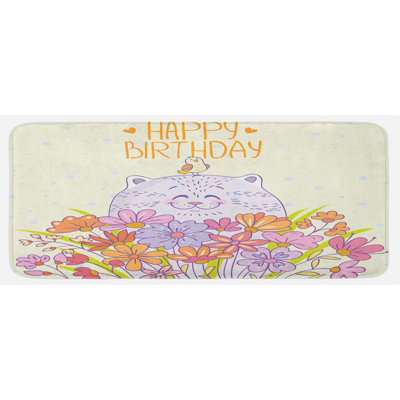 Tapis de cuisine en corsage positif jaune pâle lilas "happy cat and oiseau