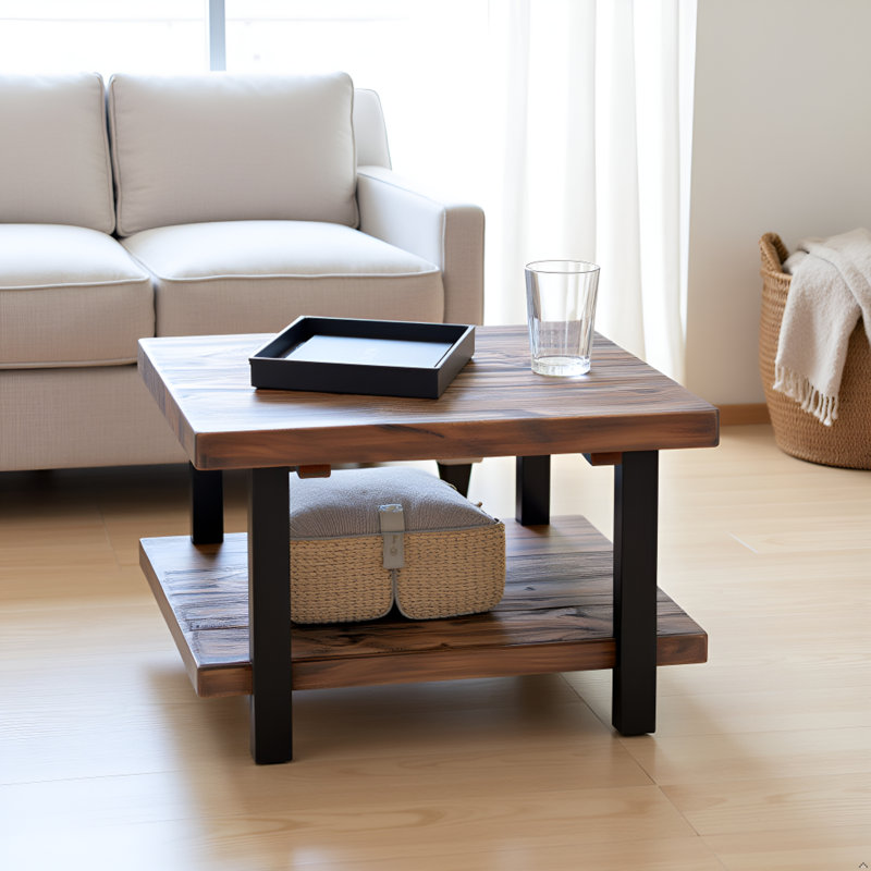 Pomona 27" Square Solid Wood Coffee Table with Metal Legs, Natural, Natural