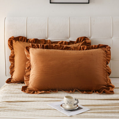 Velvet Ruffle Pillowcases Caramel Pillowcases Queen Camel Velvet Pillow Coves Camel Ruffle Fringe Design Luxurious Pillow Cases with Pocket Closure Set of 2