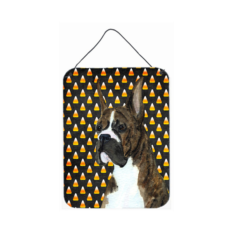 «Burniece Candy Corn», impression d'Halloween sur plaque, Boxer (brun et blanc