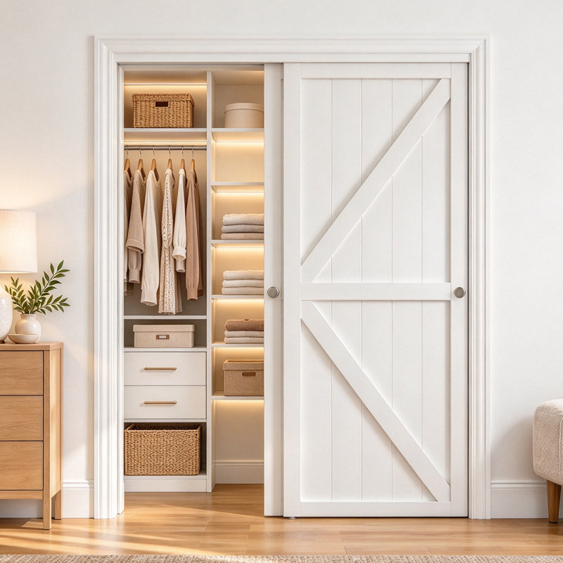 Sliding Closet Doors, White K-Panel MDF Barn Style Doors with Smooth Glide Hardware Kit and Handles for Bedroom, Closet & Laundry Room