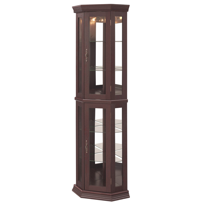 Lighted Corner Curio Cabinet - Glass Display Shelf With Tempered Glass Doors, Adjustable Shelving, And Included Bead Bulb - Ideal Bar Cabinet For Home Decor- DARK CHERRY