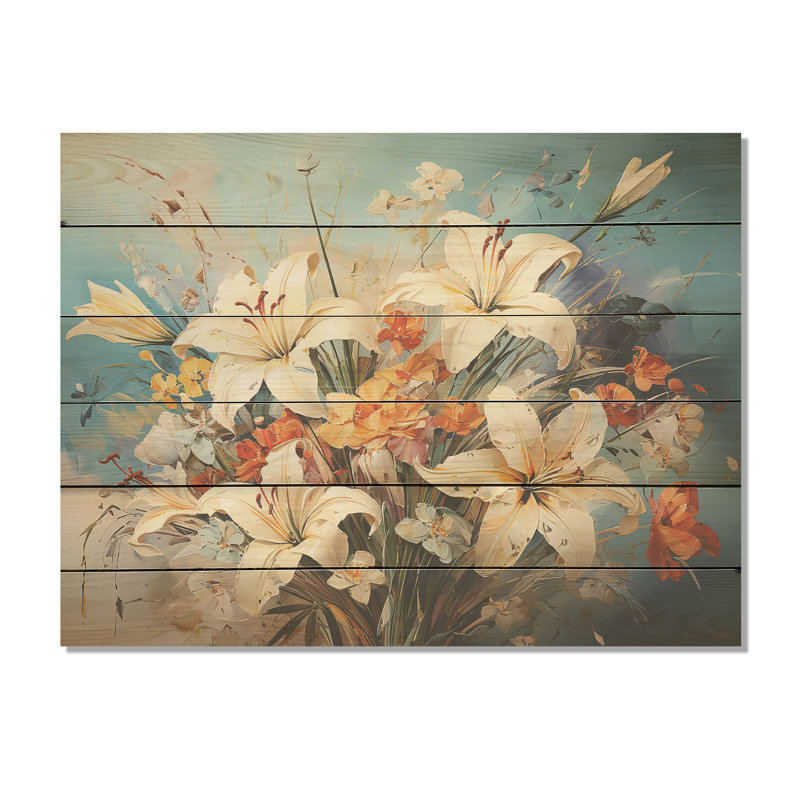 Charme de campagne de lys bleus et blancs - fleurs, art mural sur bois de pin naturel, H 30 po x l 40 po