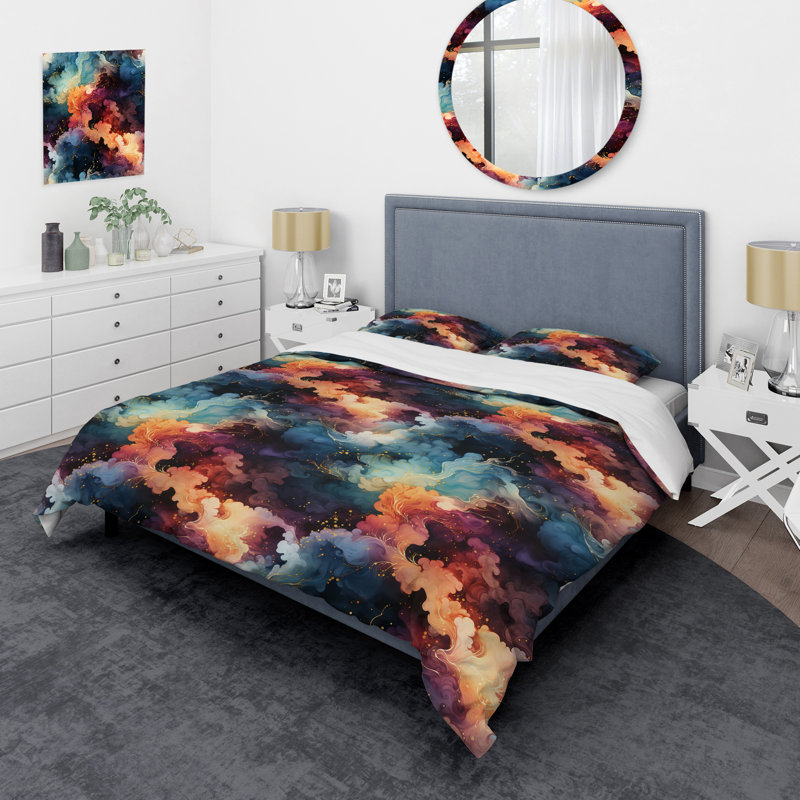 Literie en marbre bleu et mauve Cosmic Voyage, Housse de couette pour très grand lit et 2 très