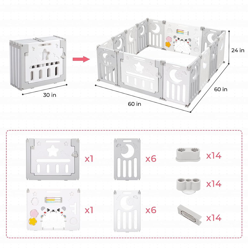 Parc pour bébé Safe Foldable, H 24 po x l 60 po x P 60 po, Gris / blanc