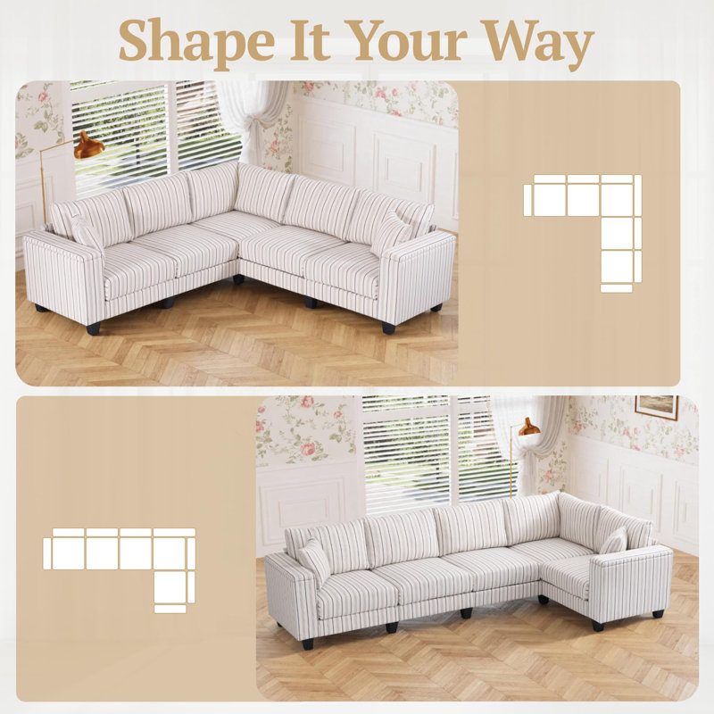 97" Vintage Stripe 5-Seat Sectional Sofa with Upholstered Storage Armrests and Throw Pillows