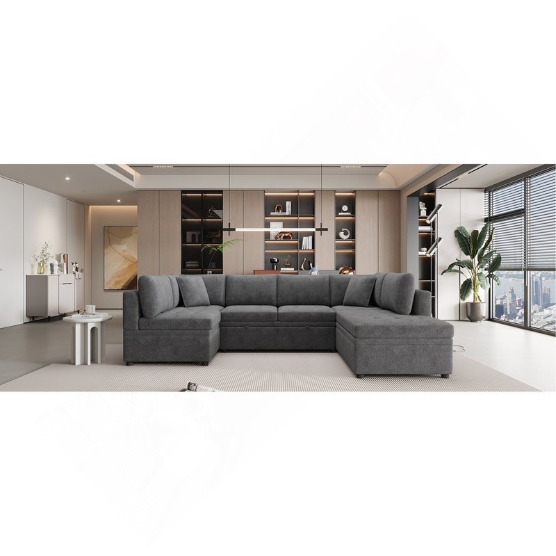Canapé-lit modulaire surdimensionné en U de 117,3 po avec deux coussins décoratifs pour salon, gris
