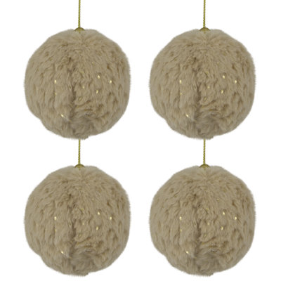 Faux Fur And Sequin Christmas Ball Ornaments - 2.75" - Beige - Set Of 4