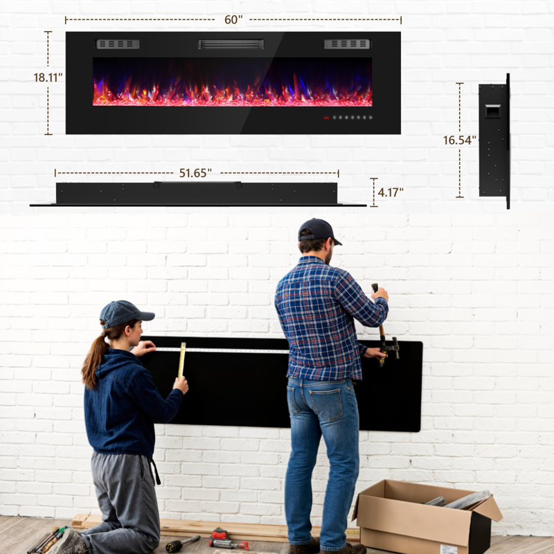 60" Electric Fireplace with 12 Color Flame - Recessed/Wall Mount, Remote Control, 18.11" H x 60" W x 4.17" D