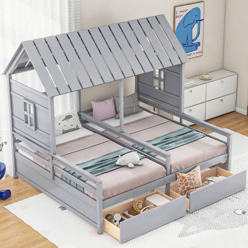 Lit plateforme House avec deux tiroirs pour lits partagés pour garçon et fille, combinaison de 2 lits simples côte à côte