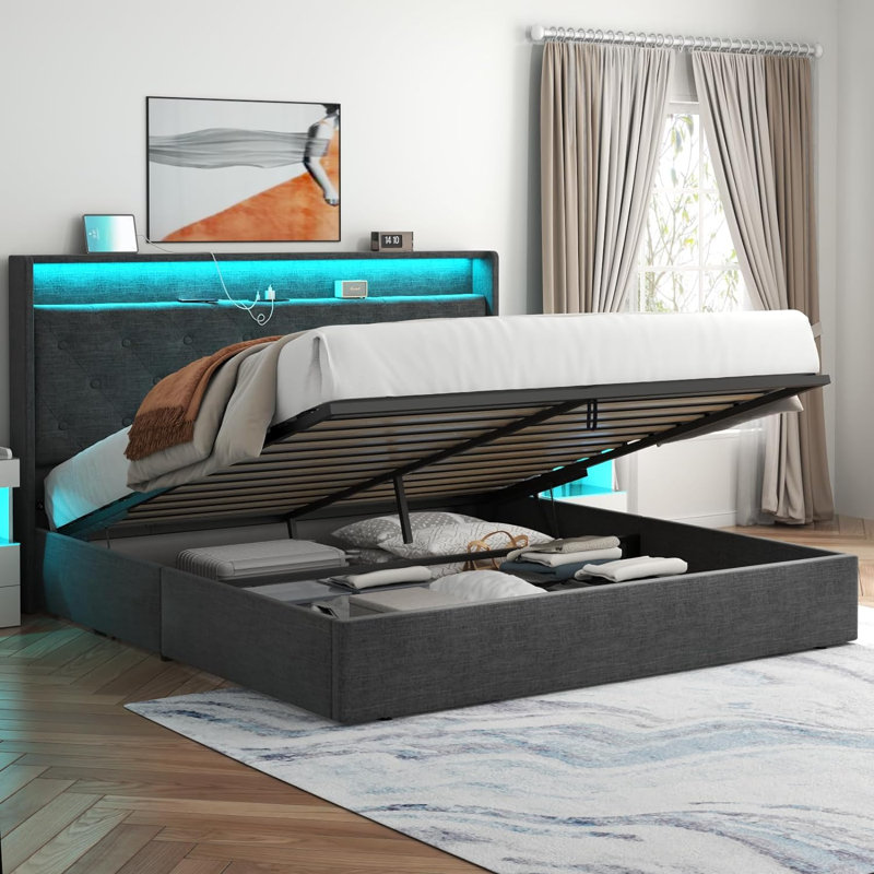 Dark Gray Queen Upholstered Hydraulic Storage Bed with LED Headboard
