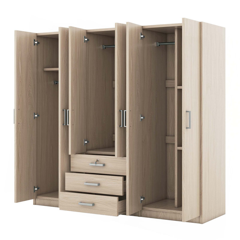 Rangement pour garde-robe en bois à 6 portes avec 6 grands tiroirs, Brun