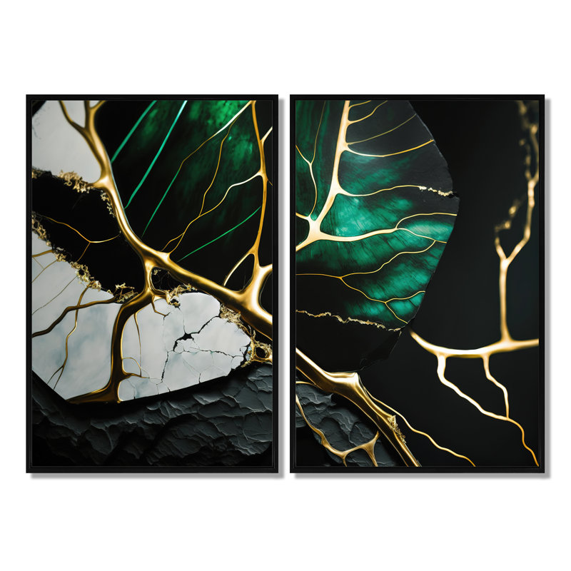 Géode abstraite dorée II - art mural moderne 2 pièces, Impression encadrée flottante, H 36 po x l 48 po, Noir