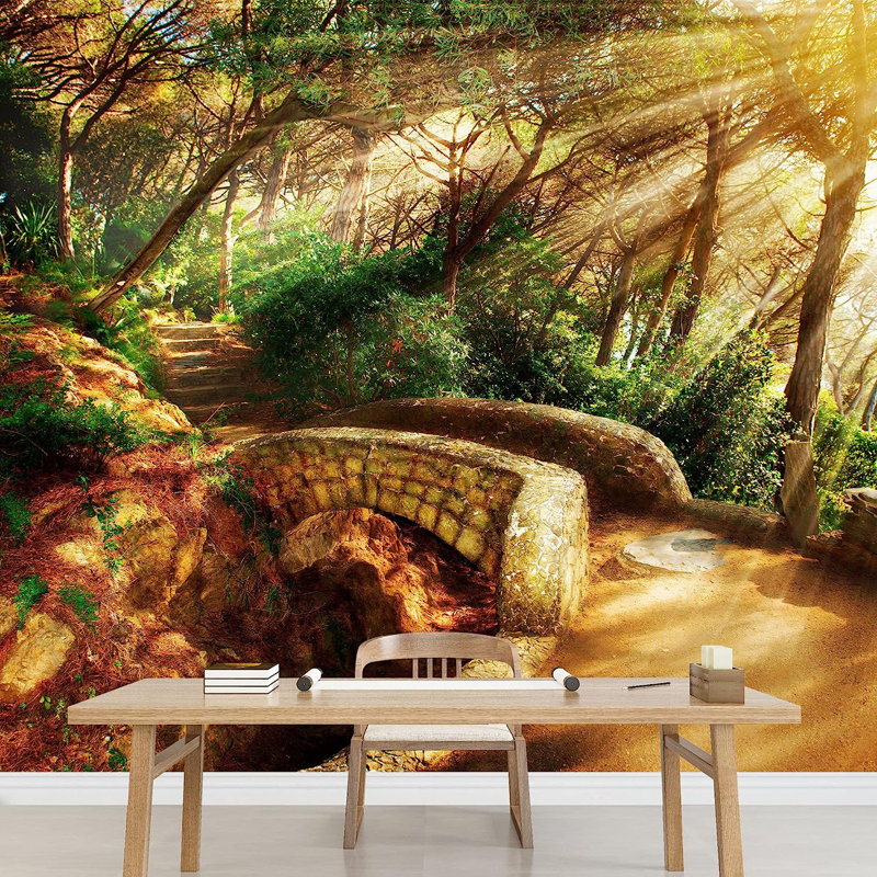 Murale Mystical Park Trees and Antique Stone Bridge Pathway, L 66 po x l 96 po