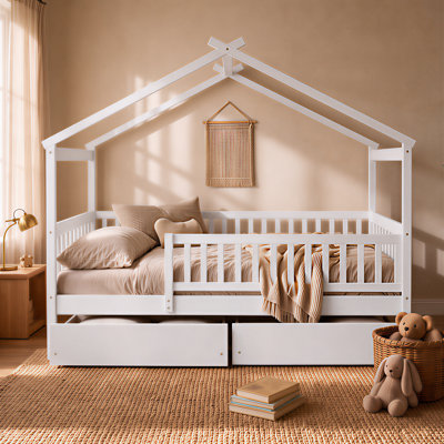 Lit de cabane en bois pour enfant (taille standard), lit de style petite maison avec 2 tiroirs de rangement, cadre de lit en bois pour chambre de garçon ou de fille, blanc