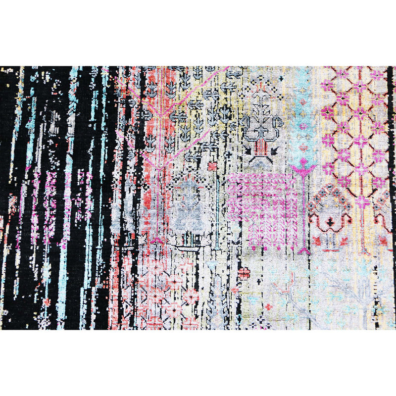 Tapis noir et multicolore de haute qualité noué à la main, Rectangle de 5 pi x 8 pi
