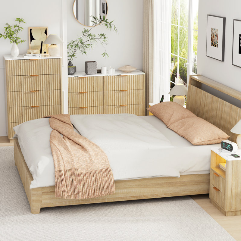 Fluted 5 - Drawer Dresser, Wooden Dresser Chest Of 5 Drawers For Bedroom, Oak/White Marble